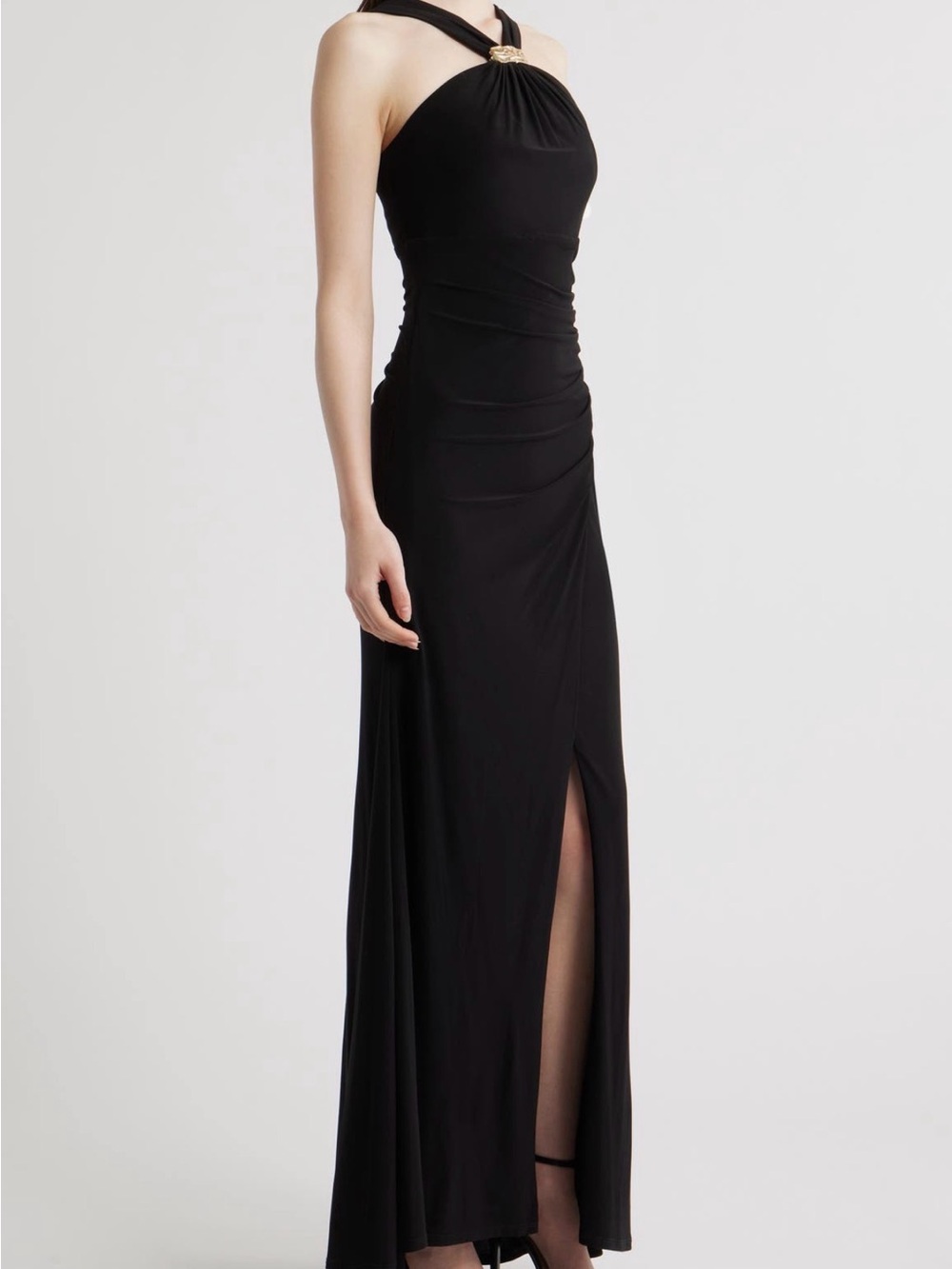 Eliza J Halter Neck Ruched Mermaid Black Evening Gown with Side Slit NWOT 10 - Picture 3 of 10